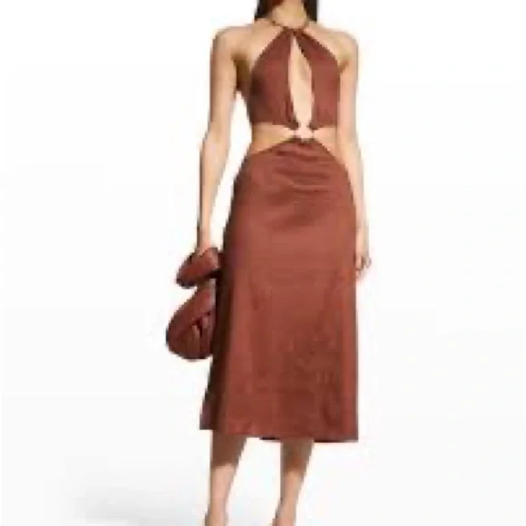 WeWoreWhat | Dresses | Weworewhat M Shell Chain Halter Linen Blend Cut Out  Midi Dress In Cappuccino | Poshmark